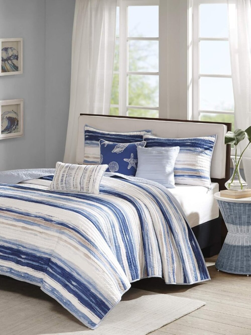 Cottage Coastal Quilt Set, 6PC Full/Queen Coverlet Bedspread | All Season Down A